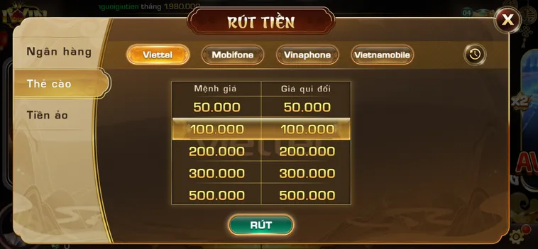 Rút tiền qua nhanh chóng qua thẻ cào điện thoại.