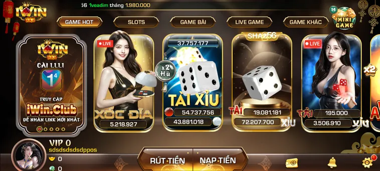 Sảnh game IWin Club đa dạng thể loại thu hút người chơi.